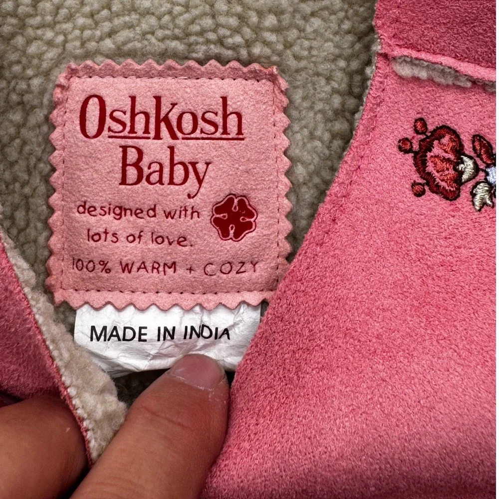OshKosh Baby Girls Pink Faux Suede Sherpa Lined Floral Embroidered Vest 24M